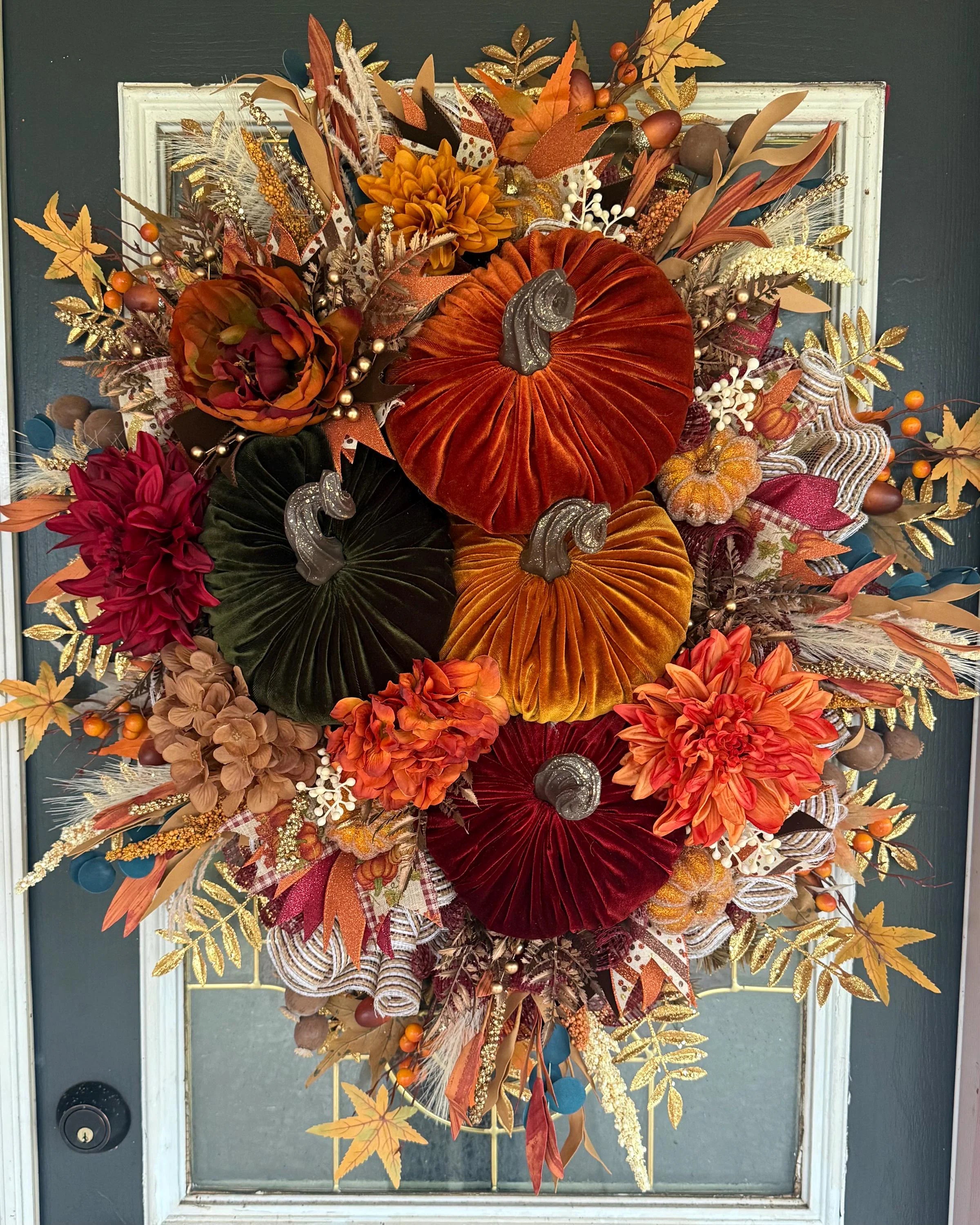 Luxury Velvet Pumpkin Fall Wreath | Handmade Autumn Front Door Decor