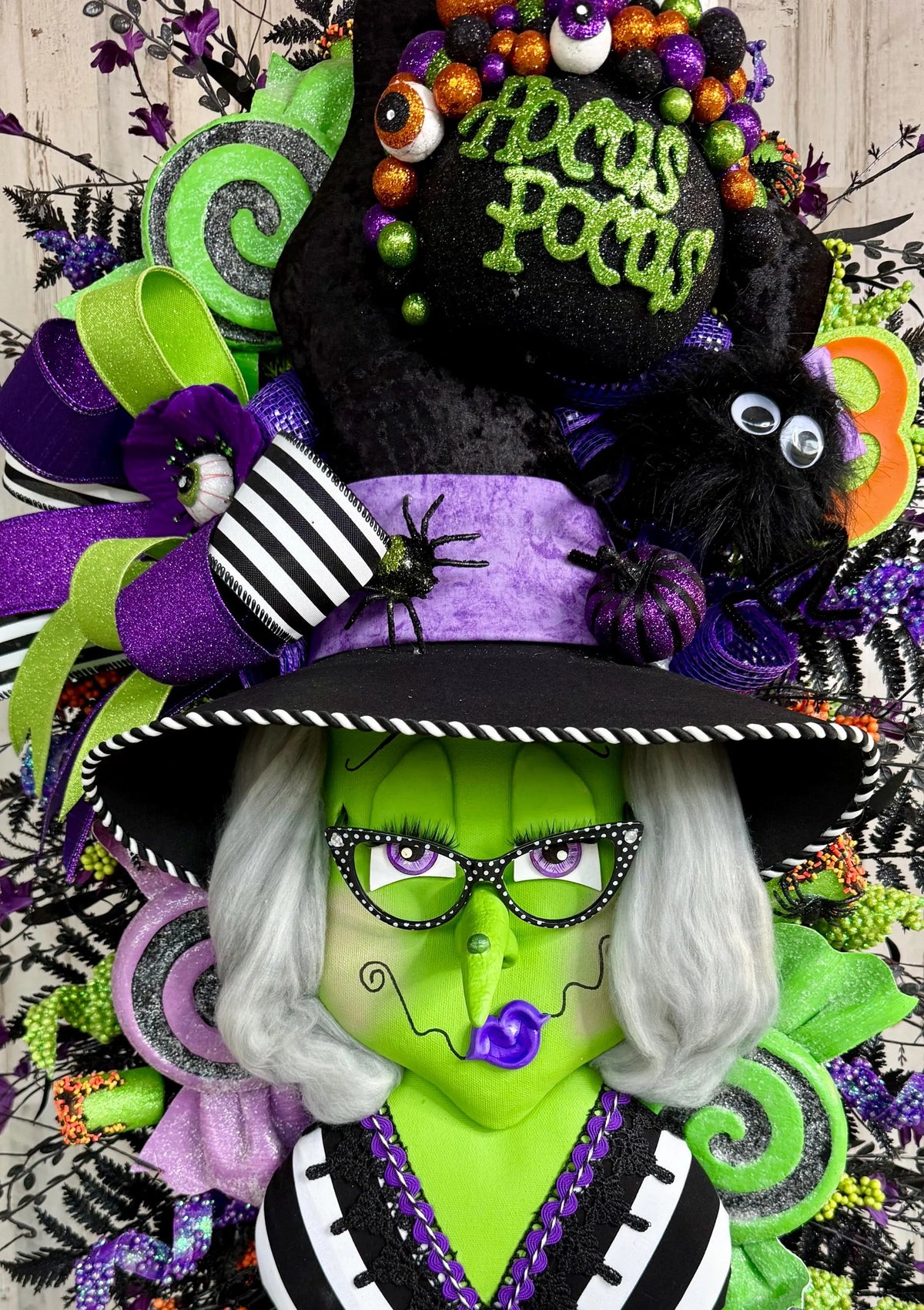 Oversized Green Witch Wreath, 42 Inch Halloween Door Decor, Whimsical Purple Green Black