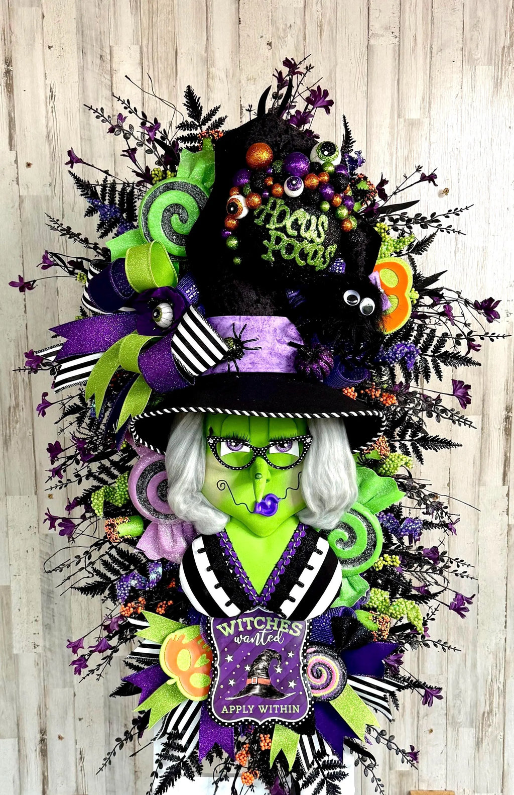 Oversized Green Witch Wreath, 42 Inch Halloween Door Decor, Whimsical Purple Green Black