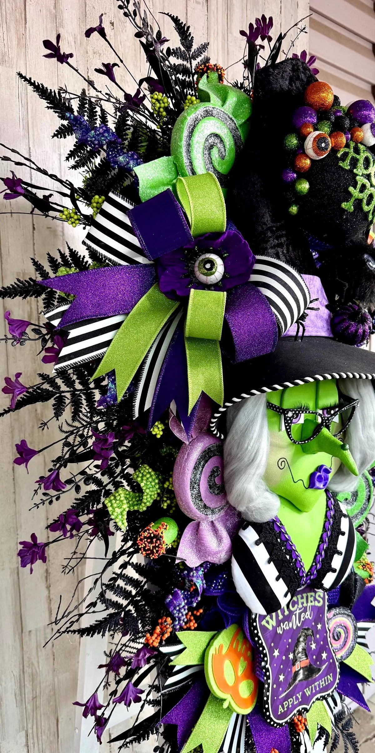 Oversized Green Witch Wreath, 42 Inch Halloween Door Decor, Whimsical Purple Green Black