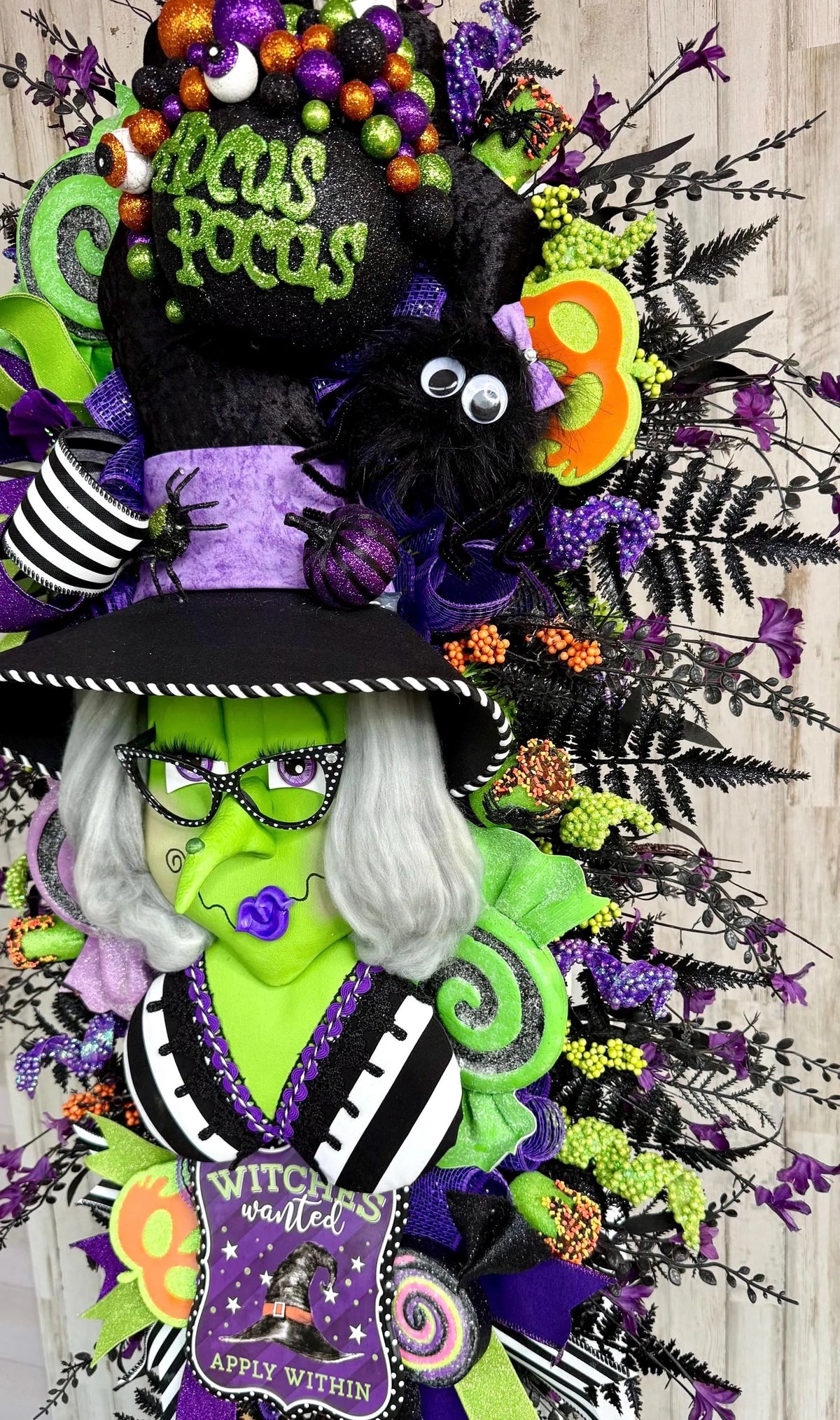 Oversized Green Witch Wreath, 42 Inch Halloween Door Decor, Whimsical Purple Green Black