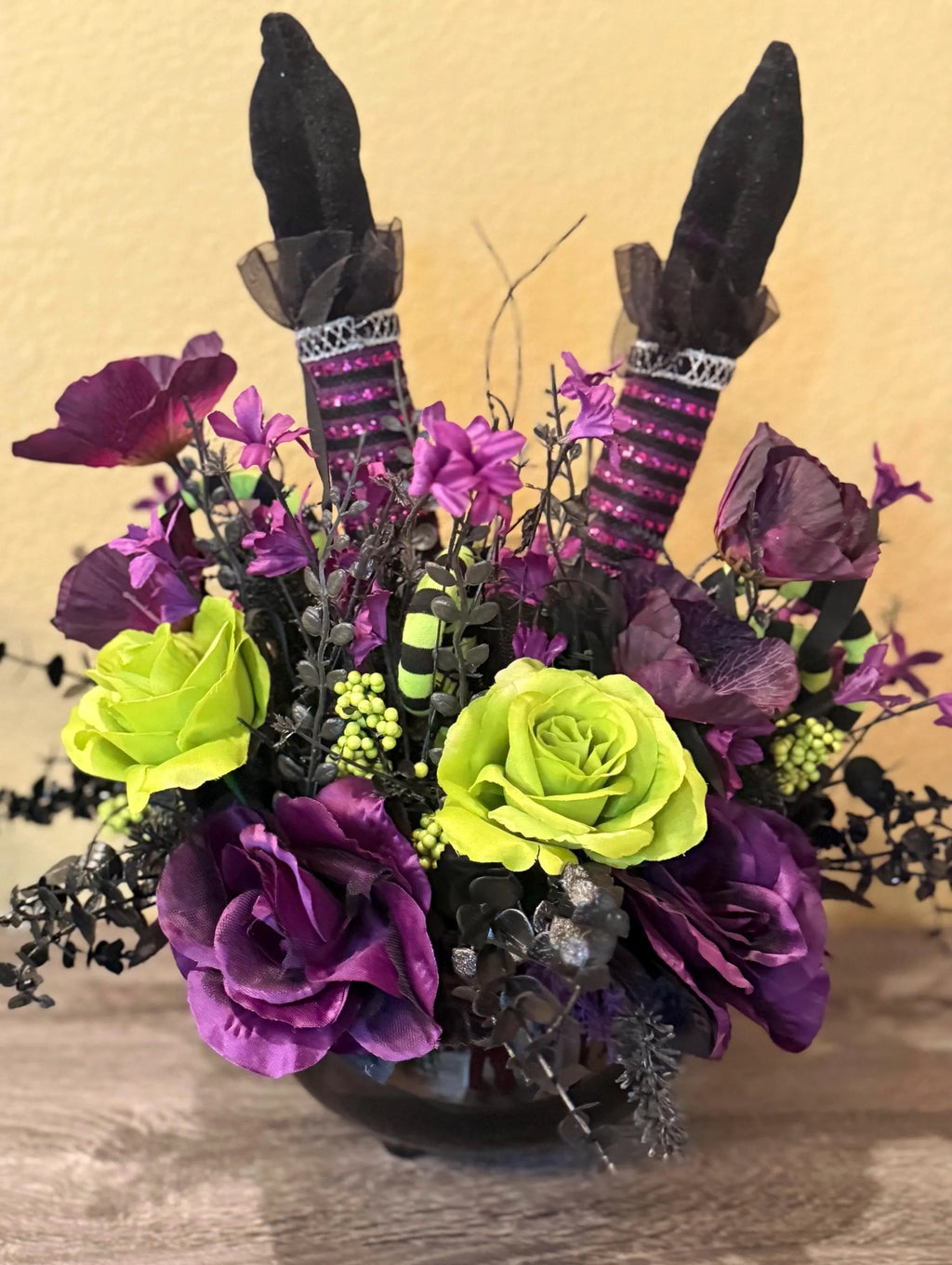 Handmade Witch Legs Halloween Centerpiece, Purple Green Gothic Floral Arrangement